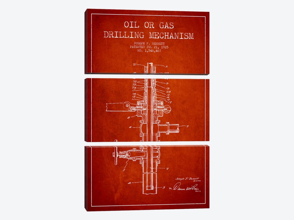 Oil Gas Mechanism Red Patent Blueprint by Aged Pixel 3-piece Art Print