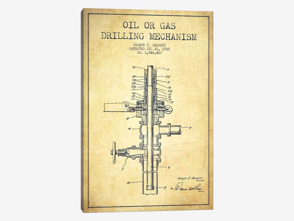 Oil Gas Mechanism Vintage Patent Blueprint by Aged Pixel 1-piece Canvas Artwork