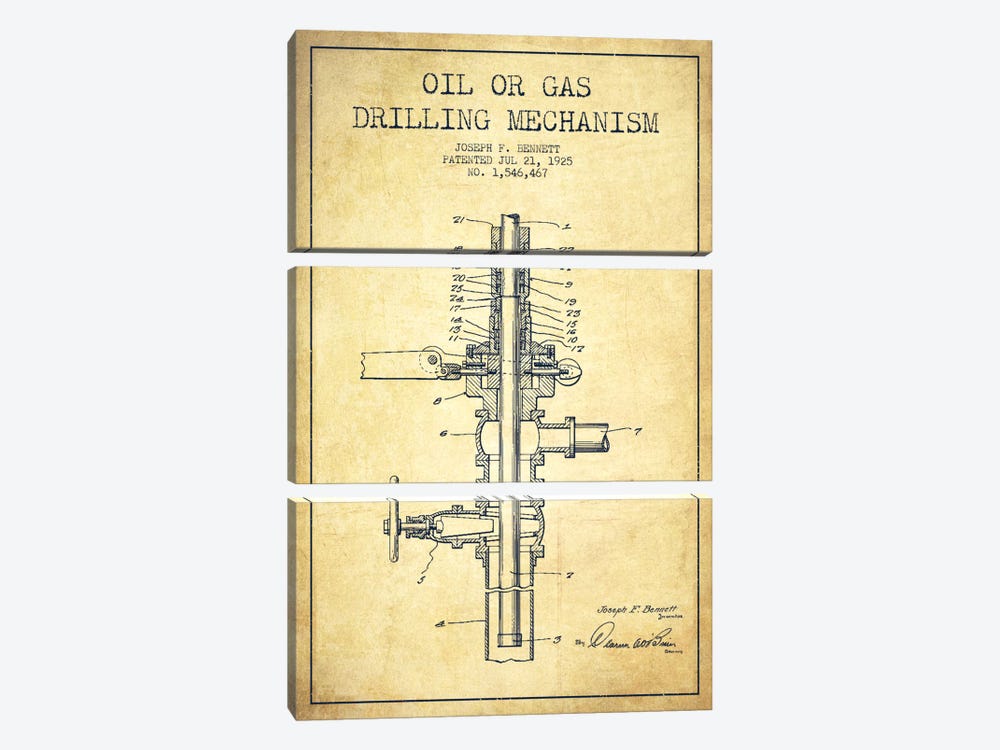 Oil Gas Mechanism Vintage Patent Blueprint by Aged Pixel 3-piece Canvas Artwork
