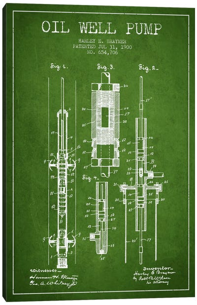 Oil Pump Green Patent Blueprint Canvas Art Print - Engineering & Machinery Blueprints