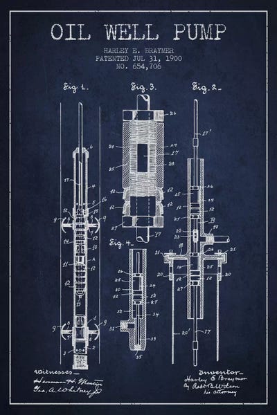 Oil Pump Navy Blue Patent Blueprint by Aged Pixel metal wall art