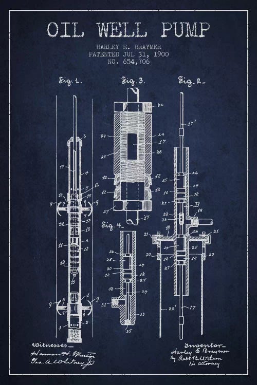 Oil Pump Navy Blue Patent Blueprint by Aged Pixel wall art