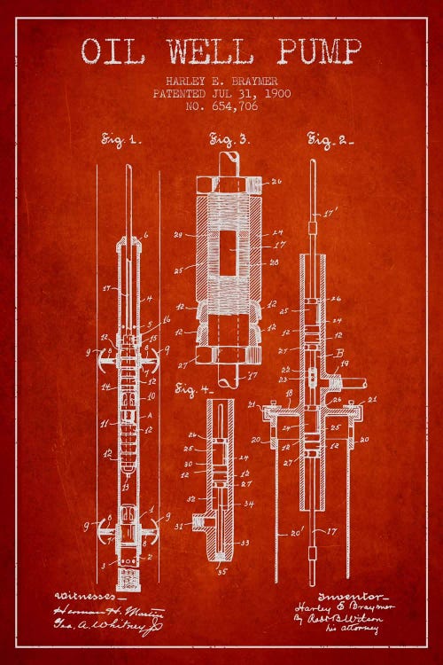 Oil Pump Red Patent Blueprint by Aged Pixel wall art