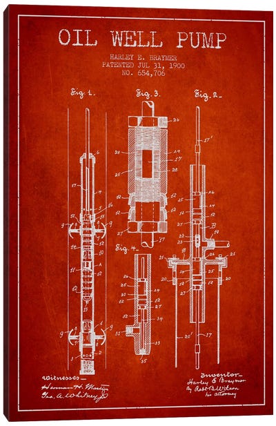 Oil Pump Red Patent Blueprint Canvas Art Print - Aged Pixel: Engineering & Machinery