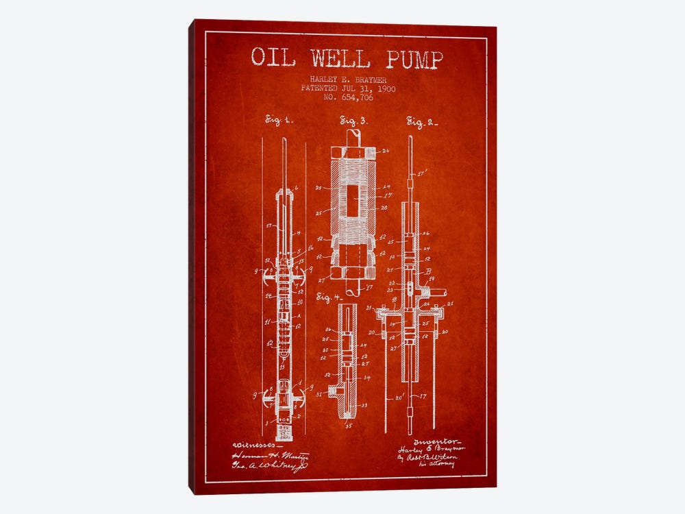 Oil Pump Red Patent Blueprint by Aged Pixel 1-piece Canvas Print