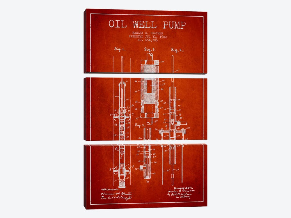 Oil Pump Red Patent Blueprint by Aged Pixel 3-piece Canvas Art Print