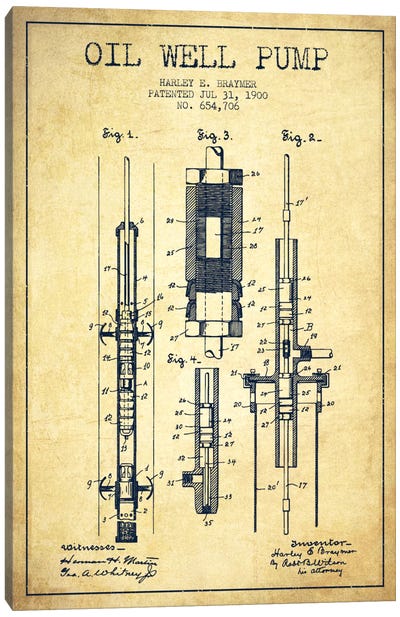Oil Pump Vintage Patent Blueprint Canvas Art Print - Aged Pixel: Engineering & Machinery