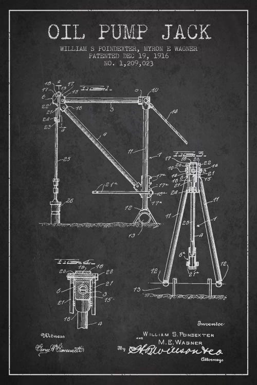 Oil Pump Jack Charcoal Patent Blueprint by Aged Pixel wall art