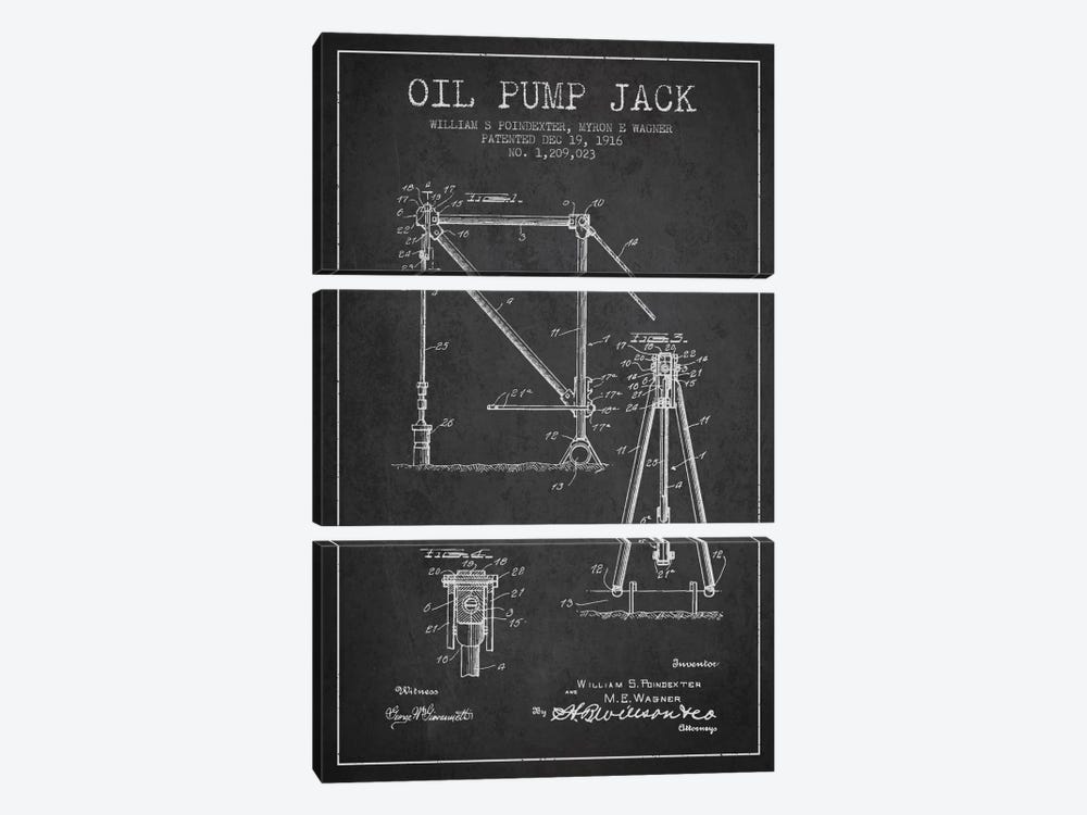 Oil Pump Jack Charcoal Patent Blueprint by Aged Pixel 3-piece Canvas Art Print