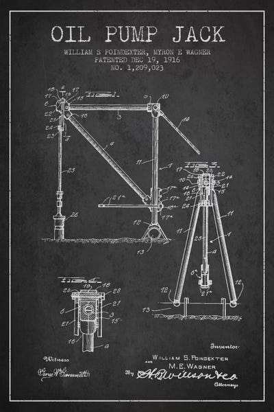 Engineering & Machinery Blueprints: Oil Pump Jack Charcoal Patent Blueprint by Aged Pixel