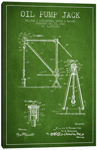 Oil Pump Jack Green Patent Blueprint Canvas Art Print