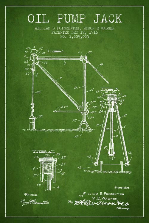 Oil Pump Jack Green Patent Blueprint by Aged Pixel wall art