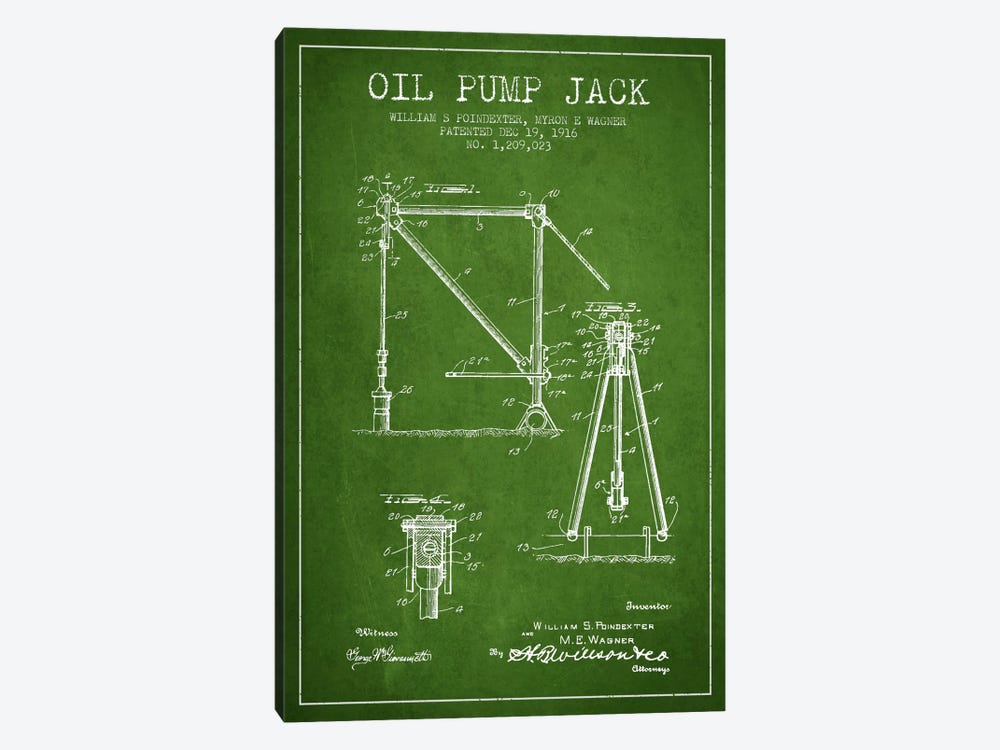 Oil Pump Jack Green Patent Blueprint by Aged Pixel 1-piece Canvas Art