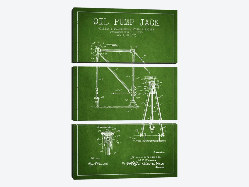 Oil Pump Jack Green Patent Blueprint by Aged Pixel 3-piece Canvas Wall Art