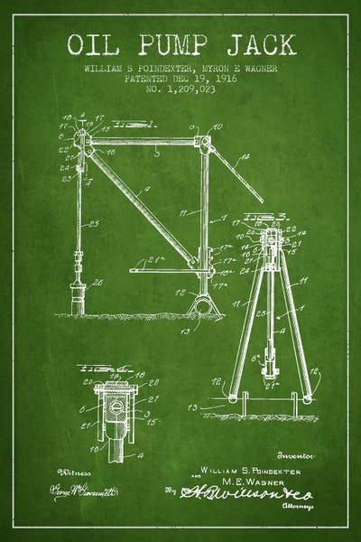 Engineering & Machinery Blueprints: Oil Pump Jack Green Patent Blueprint by Aged Pixel