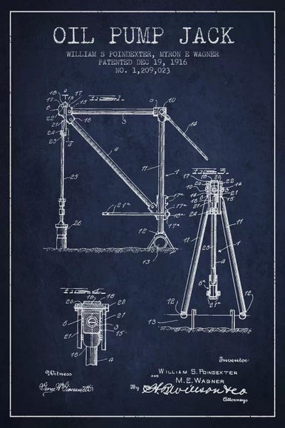 Oil Pump Jack Navy Blue Patent Blueprint by Aged Pixel metal wall art
