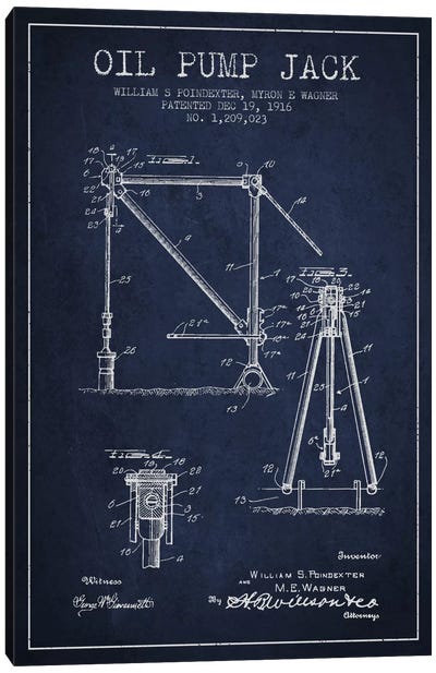 Oil Pump Jack Navy Blue Patent Blueprint Canvas Art Print - Engineering & Machinery Blueprints