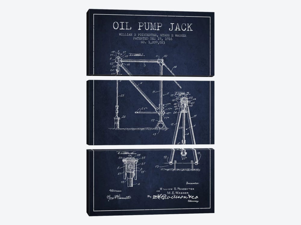 Oil Pump Jack Navy Blue Patent Blueprint 3-piece Canvas Art Print