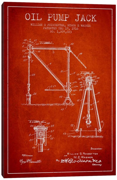 Oil Pump Jack Red Patent Blueprint Canvas Art Print - Aged Pixel: Engineering & Machinery