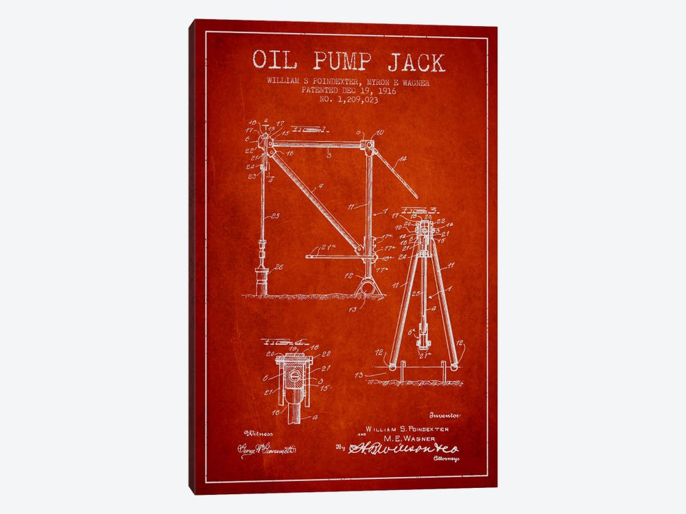 Oil Pump Jack Red Patent Blueprint by Aged Pixel 1-piece Canvas Wall Art