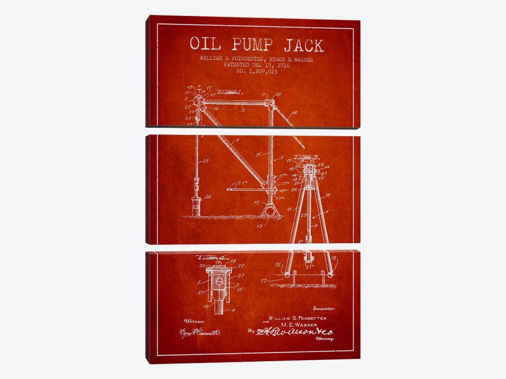 Oil Pump Jack Red Patent Blueprint by Aged Pixel 3-piece Canvas Art