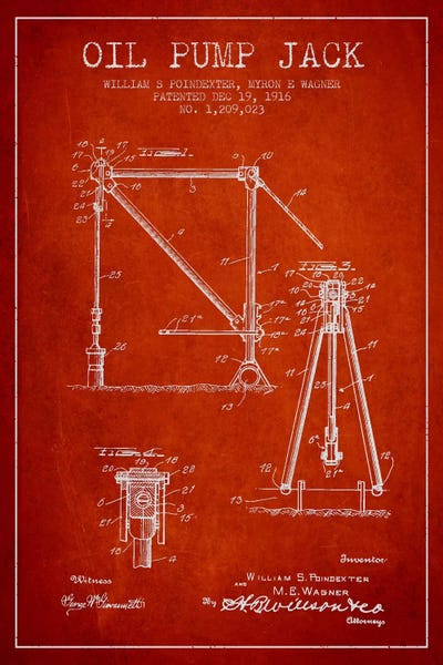 Engineering & Machinery Blueprints: Oil Pump Jack Red Patent Blueprint by Aged Pixel
