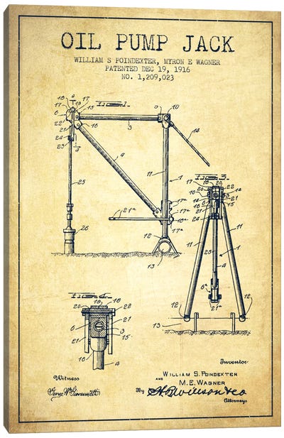 Oil Pump Jack Vintage Patent Blueprint Canvas Art Print - Engineering & Machinery Blueprints