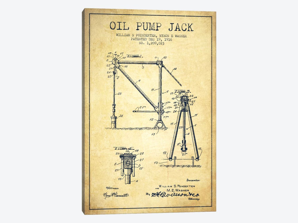 Oil Pump Jack Vintage Patent Blueprint by Aged Pixel 1-piece Canvas Art Print