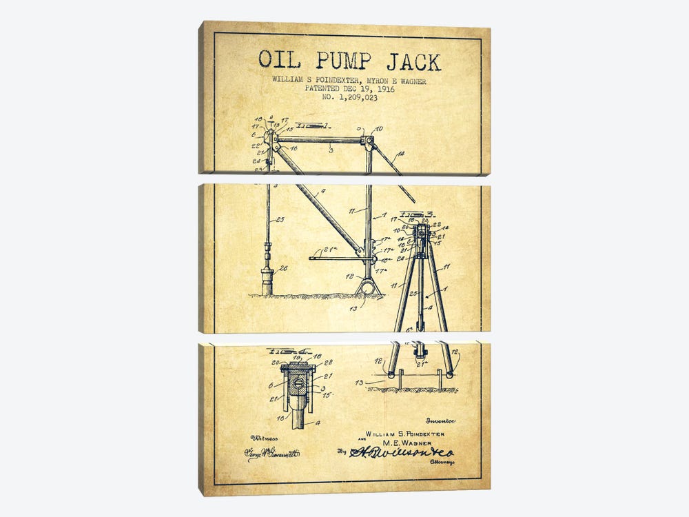 Oil Pump Jack Vintage Patent Blueprint by Aged Pixel 3-piece Canvas Print