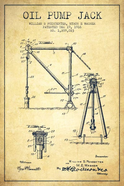Engineering & Machinery Blueprints: Oil Pump Jack Vintage Patent Blueprint by Aged Pixel