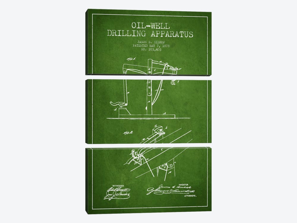 Oil Well Apparatus Green Patent Blueprint by Aged Pixel 3-piece Canvas Wall Art