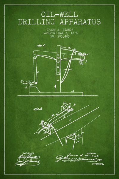 Engineering & Machinery Blueprints: Oil Well Apparatus Green Patent Blueprint by Aged Pixel