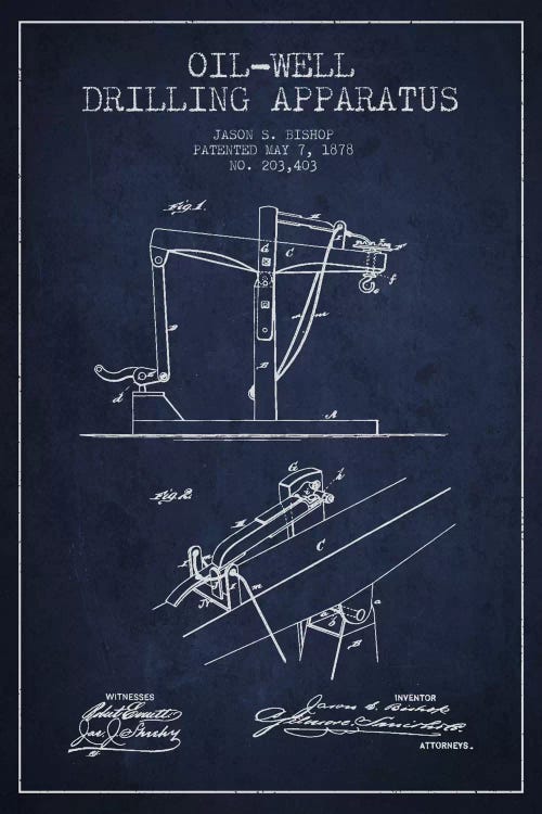Oil Well Apparatus Navy Blue Patent Blueprint by Aged Pixel wall art