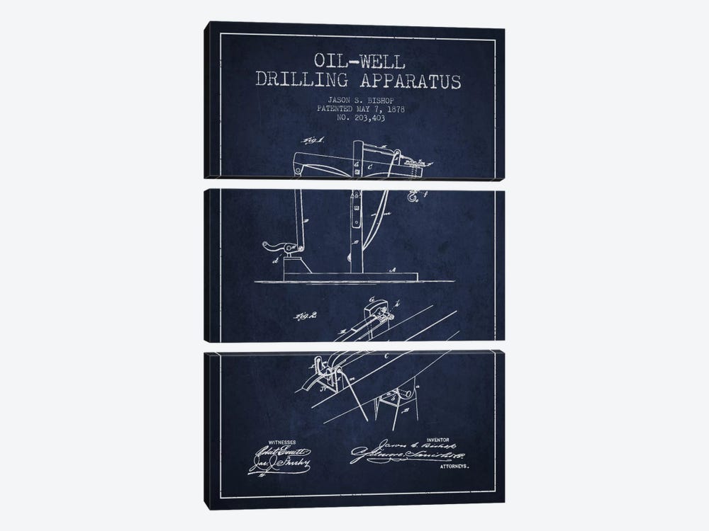 Oil Well Apparatus Navy Blue Patent Blueprint by Aged Pixel 3-piece Canvas Art Print