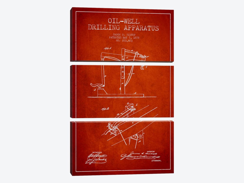 Oil Well Apparatus Red Patent Blueprint by Aged Pixel 3-piece Canvas Artwork