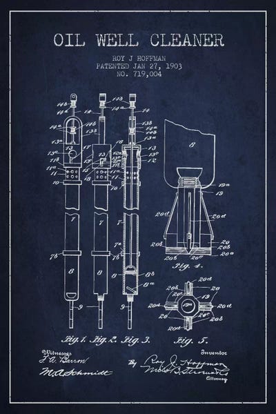 Oil Well Cleaner Navy Blue Patent Blueprint by Aged Pixel metal wall art