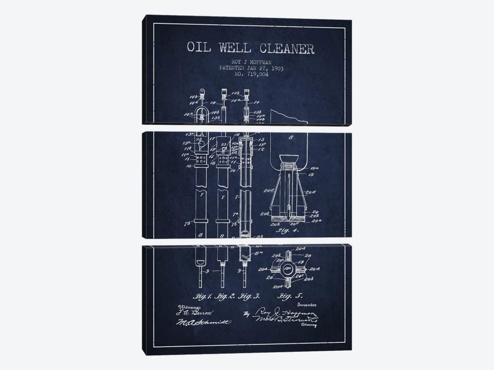 Oil Well Cleaner Navy Blue Patent Blueprint by Aged Pixel 3-piece Canvas Wall Art