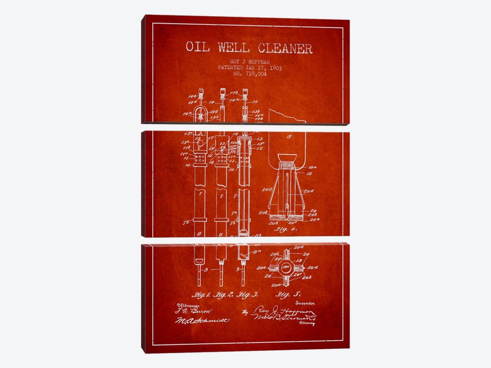 Oil Well Cleaner Red Patent Blueprint by Aged Pixel 3-piece Canvas Print