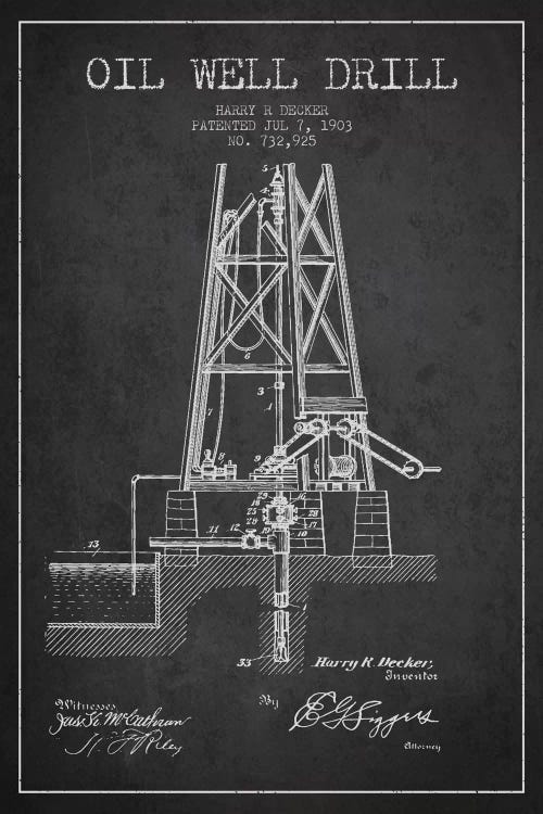 Oil Well Drill Charcoal Patent Blueprint