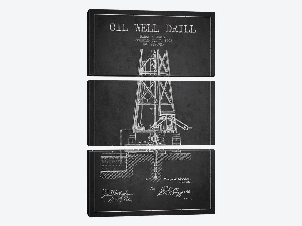 Oil Well Drill Charcoal Patent Blueprint by Aged Pixel 3-piece Canvas Art Print