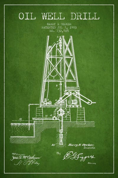 Oil Well Drill Green Patent Blueprint by Aged Pixel framed canvas print