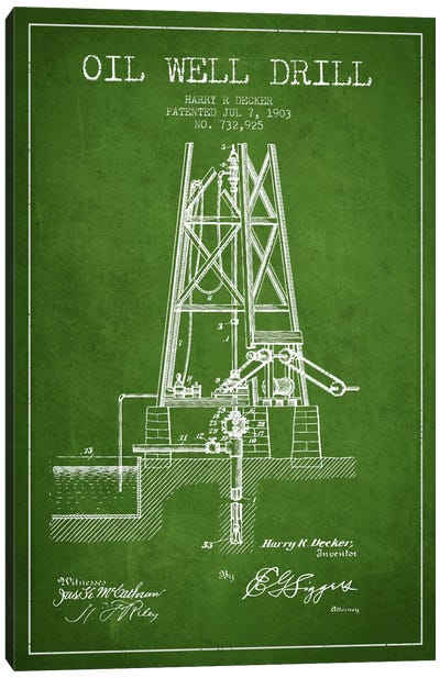 Oil Well Drill Green Patent Blueprint Canvas Art Print - Engineering & Machinery Blueprints