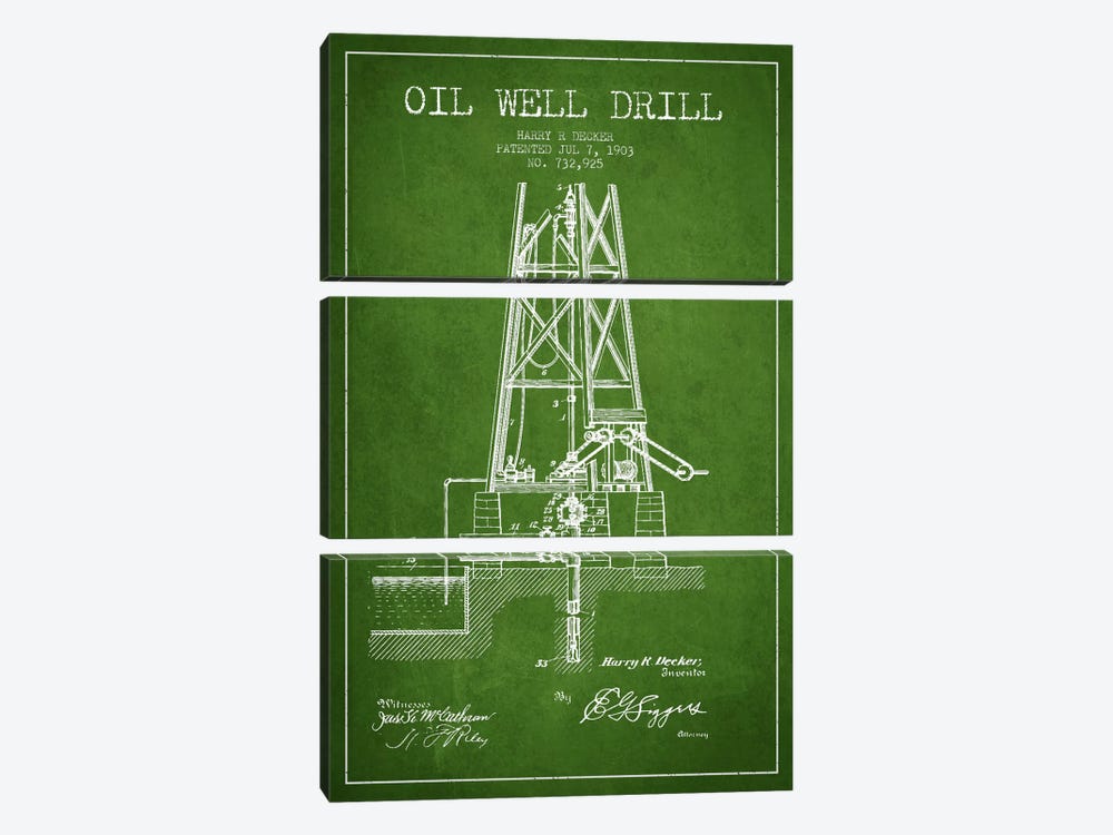 Oil Well Drill Green Patent Blueprint by Aged Pixel 3-piece Canvas Print