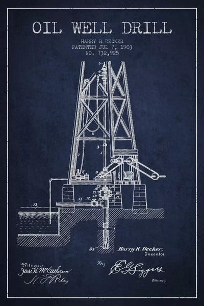 Oil Well Drill Navy Blue Patent Blueprint by Aged Pixel framed canvas print
