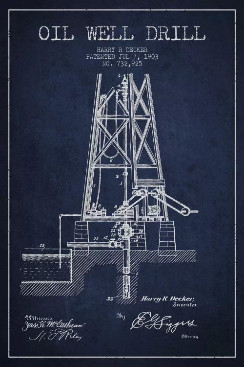 Oil Well Drill Navy Blue Patent Blueprint