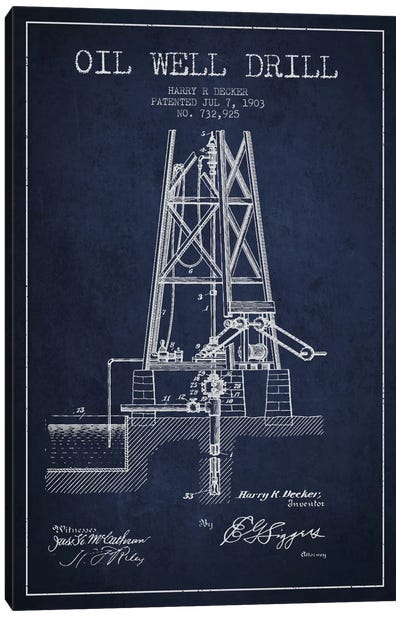 Oil Well Drill Navy Blue Patent Blueprint Canvas Art Print - Engineering & Machinery Blueprints