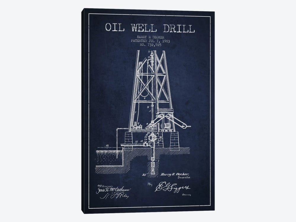 Oil Well Drill Navy Blue Patent Blueprint by Aged Pixel 1-piece Canvas Wall Art