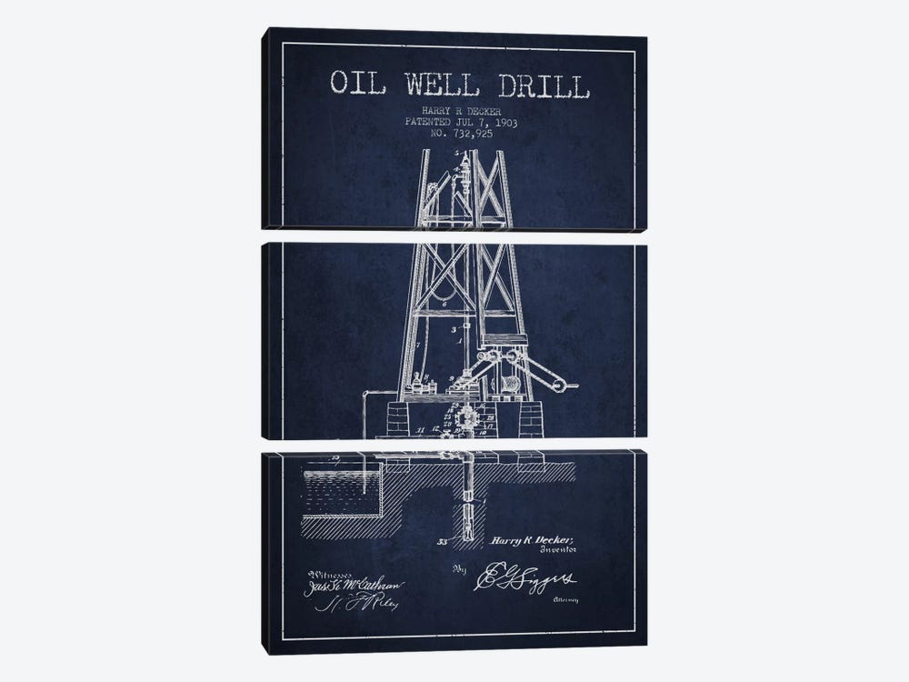 Oil Well Drill Navy Blue Patent Blueprint by Aged Pixel 3-piece Canvas Art