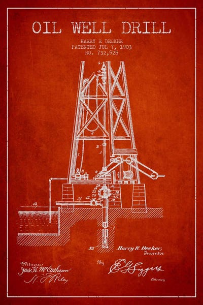 Oil Well Drill Red Patent Blueprint by Aged Pixel framed canvas print