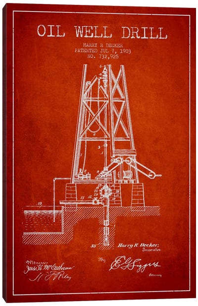 Oil Well Drill Red Patent Blueprint Canvas Art Print - Engineering & Machinery Blueprints